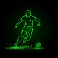 Soccer player dribbling with ball. Vector Football sport green neon illustration. Royalty Free Stock Photo