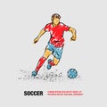 Soccer player dribbling with the ball. Vector outline of soccer player with scribble doodles style drawing