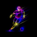 Soccer player dribbling with a soccer ball. Abstract neon overlay layers look like a virtual football player character.