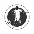 Soccer player hits the ball. Black vector football sports logo template with a soccer player on the round background Royalty Free Stock Photo