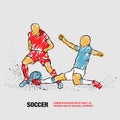 Soccer player hits the ball in the tackle. Vector outline of Soccer players with scribble doodles.