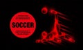 Soccer player hits the soccer ball in falling through himself. Abstract football player with fire effect.