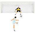 Soccer player kick ball, takes the penalty against goalkeeper vector illustration isolated on white