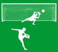 Soccer player kick ball, takes the penalty against goalkeeper vector silhouette isolated on background. Goal net construction.