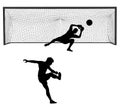 Soccer player kick ball, takes the penalty against goalkeeper vector silhouette isolated on white background.