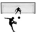 Soccer player kick ball, takes the penalty against goalkeeper vector silhouette isolated on white background.