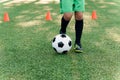 Detail soccer player kicking ball on field. Soccer players on training session. Detail soccer background. Close up of