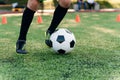 Detail soccer player kicking ball on field. Soccer players on training session. Detail soccer background. Close up of