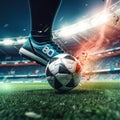 Soccer player kicking the ball on the field of stadium at night Royalty Free Stock Photo