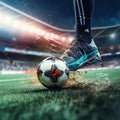 Soccer player kicking the ball on the field of stadium at night Royalty Free Stock Photo