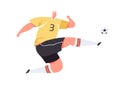 Soccer player kicking ball with foot. Athlete in uniform playing European football. Professional footballer during