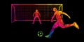 Soccer player kicking ball with Goalkeeper standing action