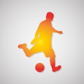Soccer player kicking ball icon in orange. Vector illustration