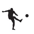 Soccer player kicking ball, isolated vector silhouete. Footballer playing soccer