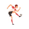 Soccer Player Kicking Ball, Professional Football Player Character in Uniform Training and Practicing Soccer, Front View