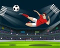 Soccer Player Kicking Ball in stadium. Light, stands, fans.