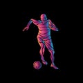 Soccer player kicks the ball. The colorful vector illustration on black background.