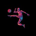 Soccer player kicks the ball. The colorful vector illustration on black background. Royalty Free Stock Photo