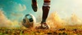 A soccer player kicks a ball on a field by AI generated image Royalty Free Stock Photo