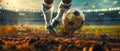 A soccer player kicks a ball on a field by AI generated image Royalty Free Stock Photo