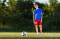 Soccer player kicks ball in a field Royalty Free Stock Photo