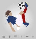 Soccer player kicks the ball with paint splatter design Royalty Free Stock Photo