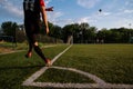 Soccer player kicks the ball.Soccer player takes a corner kick Royalty Free Stock Photo