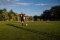 Soccer player kicks the ball.Soccer player takes the free-kick Royalty Free Stock Photo