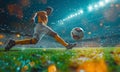 A soccer player kicks ball on vibrant stadium field under bright stadium lights. Excitement fills air as the player makes decisive Royalty Free Stock Photo