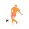 Soccer Player, Male Footballer Character in Orange Sports Uniform with Ball Vector Illustration