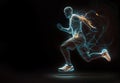 Soccer player in motion running wearing a pair of sneakers and made of blue lines and a trail of yellow sparks behind him on black Royalty Free Stock Photo