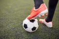 Soccer player playing with ball on football field Royalty Free Stock Photo