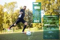 Soccer player playing with ball on football field Royalty Free Stock Photo