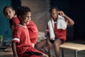 Soccer player preparing for game in locker room.Boy  in changing room Royalty Free Stock Photo