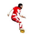 Soccer player in red jersey with ball, low poly vector illustration. European football player running with ball. Side view