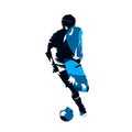 Soccer player running with ball, abstract blue vector silhouette
