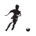 Soccer player running with ball, isolated vector silhouette. Abstract soccer logo. Front view