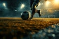 Soccer player running at night, stadium lights , dynamic ground splash, intense match moment Royalty Free Stock Photo