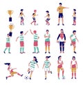 Soccer player set, flat vector isolated illustration. Kids, adults playing football, kicking the ball, holding gold cup. Royalty Free Stock Photo