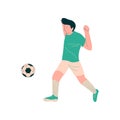 Soccer Player Shooting Ball, Male Footballer Character in Sports Uniform Vector Illustration