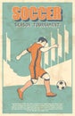 Soccer Player Shooting a Ball. Vintage Poster, Vector Illustration. Royalty Free Stock Photo