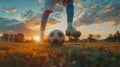 Soccer player showing off freestyle moves with a ball at sunset in slow motion