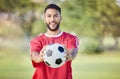 Soccer player, soccerball and sports man with ball after training exercise for game competition. Happy football athlete