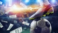 Soccer player in stadium with falling banknotes of bettors Royalty Free Stock Photo