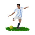 Soccer player wearing Argentina jersey kick the ball.