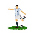 Soccer player wearing Argentina jersey shoot the ball.