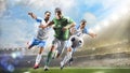 Soccer players in action on the day grand stadium background panorama Royalty Free Stock Photo