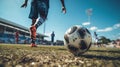 Soccer players in action on the sunset stadium background panorama Royalty Free Stock Photo