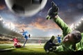 Soccer players in action on sunset stadium background panorama Royalty Free Stock Photo