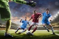 Soccer players in action on sunset stadium background panorama Royalty Free Stock Photo